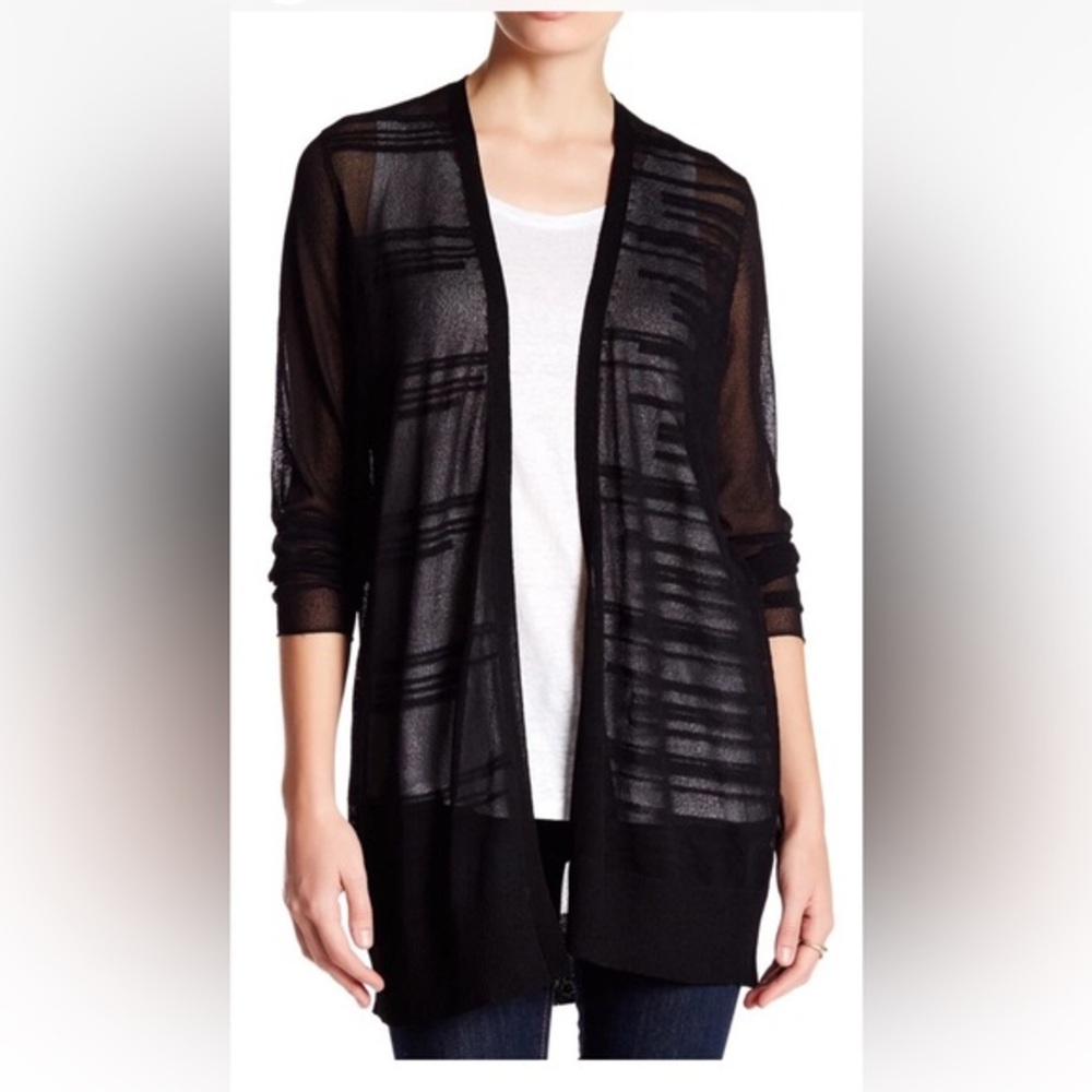 Eileen Fisher Straight Long Cardigan XL Black Open Front Minimalist Duster Sweat